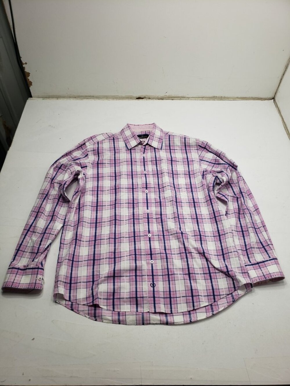 Bugatchi Uomo Men's XL Pink Blue Plaid Long Sleeve Button Up Dress Shirt